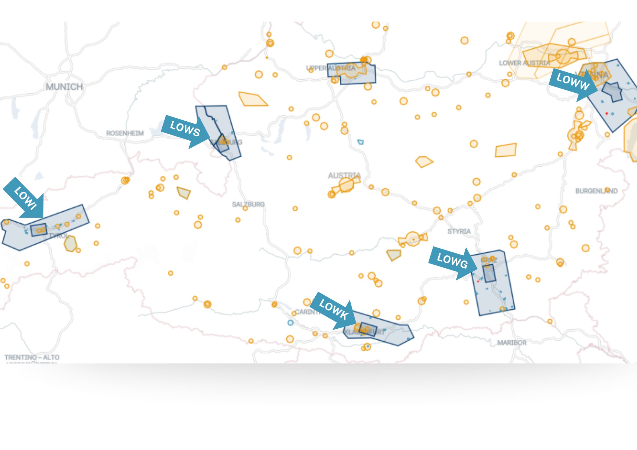 : Karte mit markierten Flugplatzzonen in Österreich, darunter Wien (LOWW), Salzburg (LOWS), Graz (LOWG), Innsbruck (LOWI) und Klagenfurt (LOWK) – Übersicht der kontrollierten Lufträume für Drohnensicherheit.