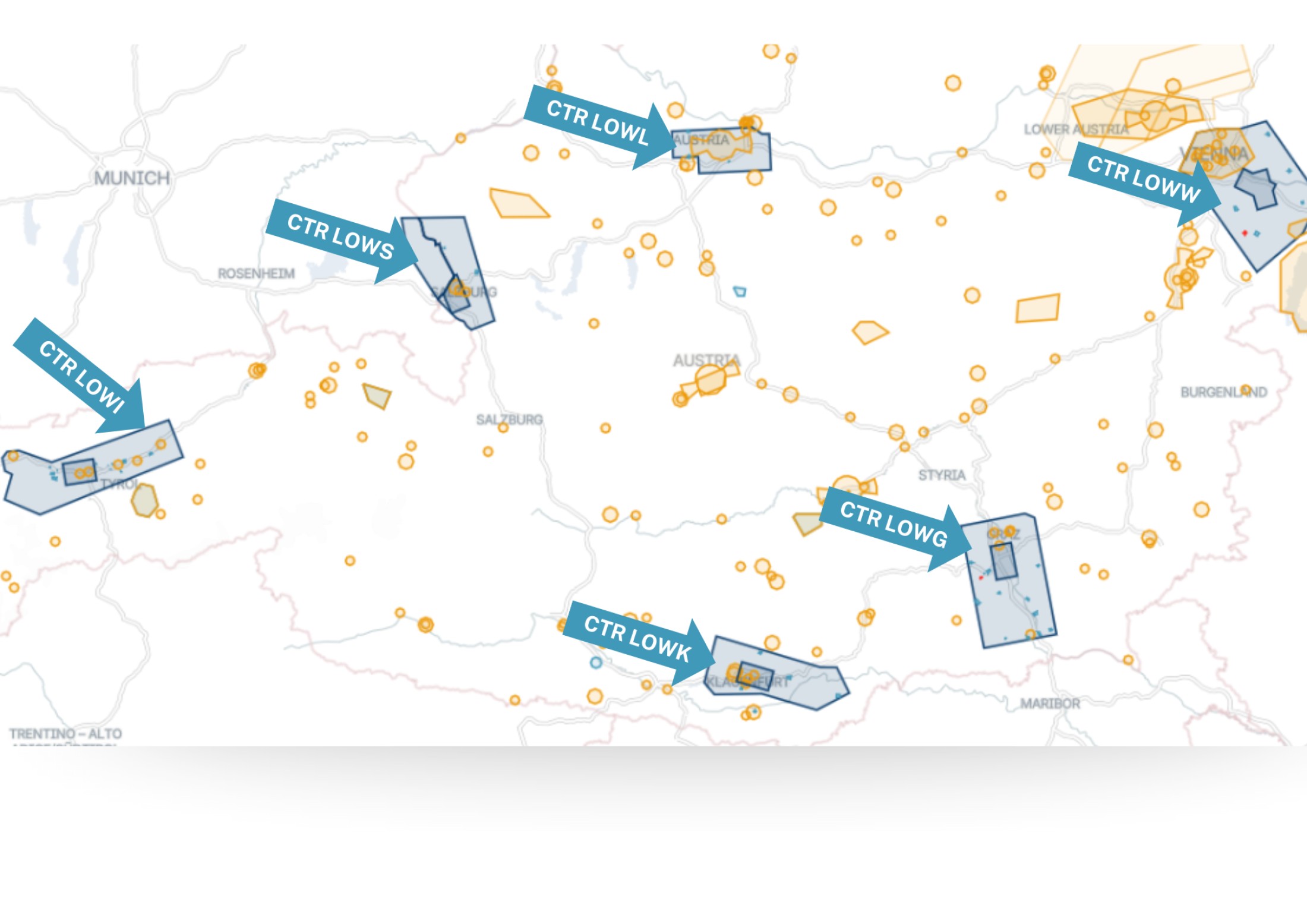 : Karte von Österreich mit markierten Kontrollzonen (CTR) rund um Flughäfen wie LOWW (Wien), LOWS (Salzburg) und LOWK (Klagenfurt) – Übersicht für Drohnenflüge in kontrolliertem Luftraum.
