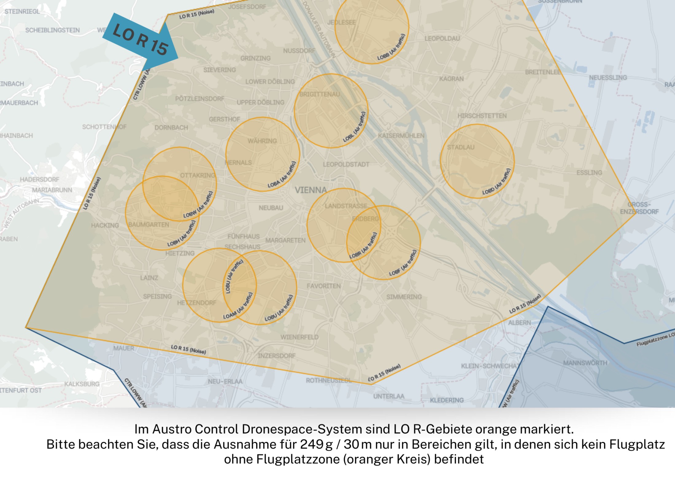 : Luftfahrtkarte der LO R15-Zone in Wien mit orange markierten Flugplatzzonen – Darstellung von Drohnenflugbeschränkungen im Austro Control Dronespace-System.